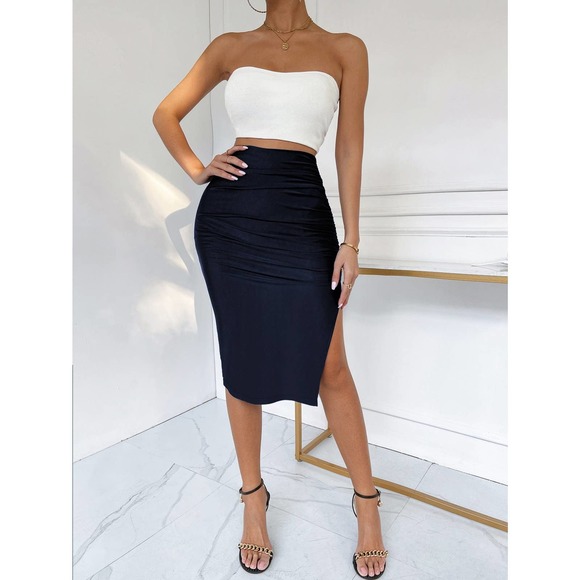 Ruched Detail Split Thigh midi pencil Skirt black - Picture 6 of 11